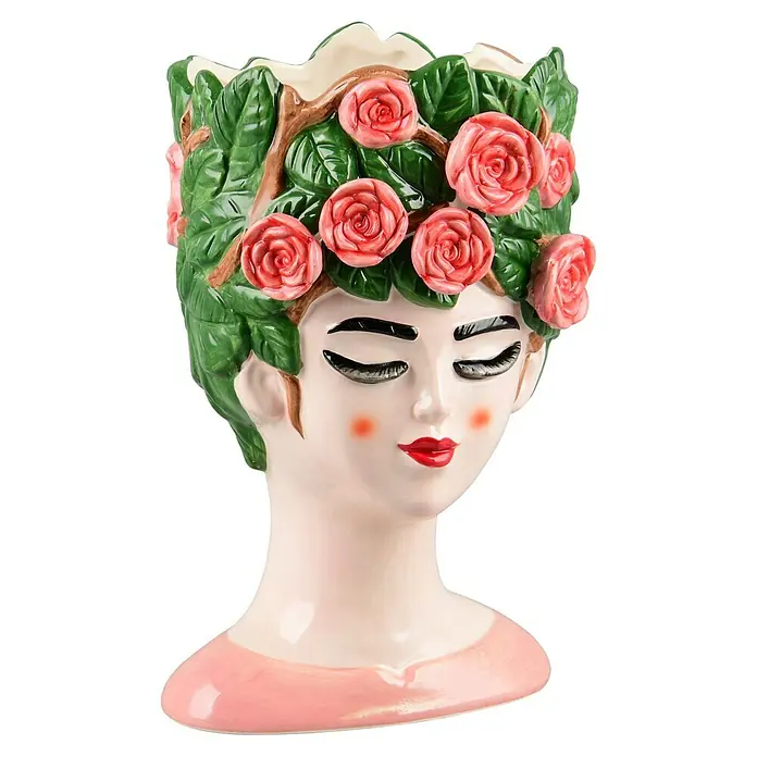 Vase Romina - 17 x 16 x 28 cm, Keramik, Rosa - Blumenvase in Form eines Frauenkopfes mit Rosen und Blättern als Haarschmuck, ideal für dekorative Pflanzenarrangements.