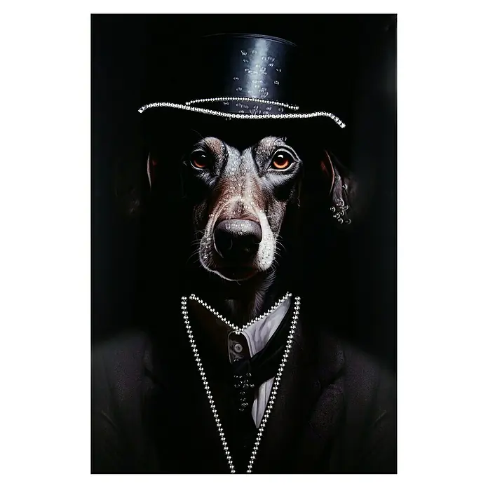 Bild - Linus, B x H: 60 x 90 cm - Stilvolles Hundeporträt mit Zylinder, Schmuck und Anzug vor dunklem Hintergrund. Edle Hunde-Kunst für Ihr Zuhause.
