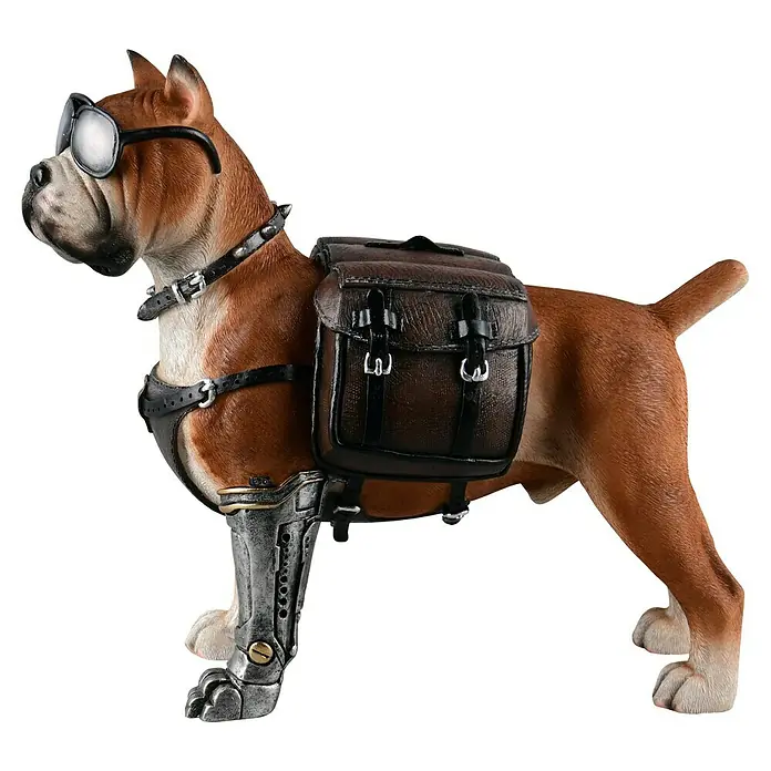 Dekofigur Frankie - L x B x H: 32 x 16,5 x 36 cm, Braun, Kunststoff - Steampunk-Hundestatue mit Brille, Rucksack und Beinprothese aus Metall, die skurrile und stilvolle Dekoration verkörpert.