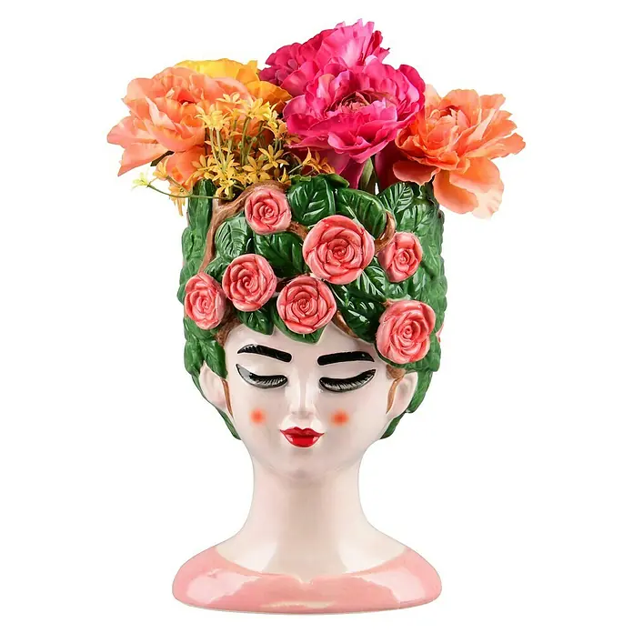 Vase Romina - 17 x 16 x 28 cm, Keramik, Rosa - Keramik-Blumentopf in Form eines Frauenkopfes mit Blumen als Haare, eine charmante Dekoration für jeden Raum.