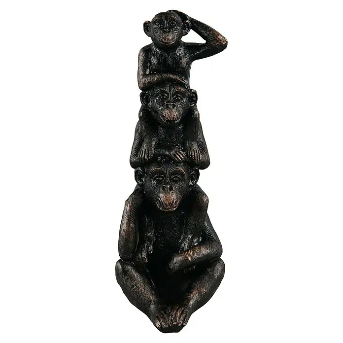 Dekofigur Abu - L x B x H: 12,5 x 15 x 35 mm, Schwarz, Kunststoff - Eine dunkle Statue von drei Affen, die die Sprichwörter "Nichts sehen, nichts hören, nichts sagen" darstellen.