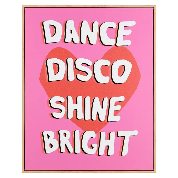 Bild - Dance Disco Shine Bright, B x H: 40 x 50 cm - Pinkfarbenes Kunstwerk mit der Aufschrift "Dance Disco Shine Bright" über einem korallenroten Herz, eingerahmt.