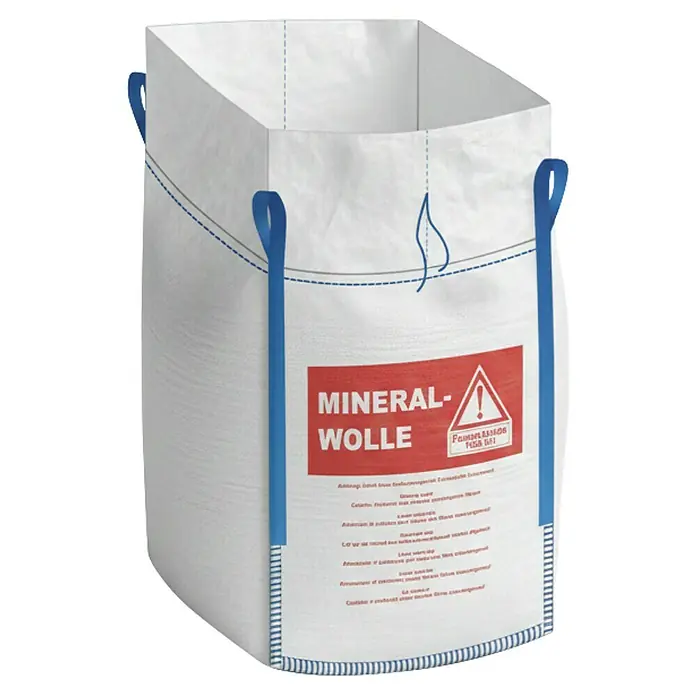 Big Bag Mineralwolle-Entsorgungssack - 90 x 90 x 110 cm, Volumen: 1 m³ - Weiße Big Bag Verpackung mit "Mineralwolle"-Aufdruck, ideal für sicheren Transport und Lagerung.