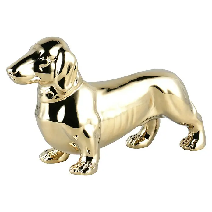 Dekofigur - Dackel Max, L x B x H: 36 x 14 x 21 cm, Keramik - Goldene Dackel-Figur, ein glänzendes und stilvolles Dekorationsstück. Perfekt für Liebhaber von Hunden und elegantem Design, die ihrem Zuhause etwas Glanz verleihen wollen.