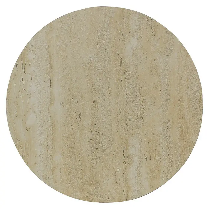 Beistelltisch Altan - Ø x H: 40 x 53 cm, Taupe - Nahaufnahme einer runden Tischplatte aus Travertin, die durch ihre natürliche Maserung und sanfte Farbgebung besticht.
