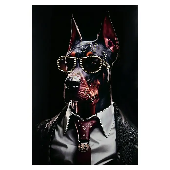 Bild - Bruce, B x H: 60 x 90 cm - Ein Dobermann mit Brille, Hemd, Krawatte und Jacke, verziert mit Juwelen, strahlt Eleganz und Stil aus. Das extravagante Hundeporträt ist ein echter Hingucker.