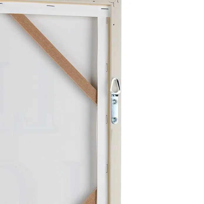 Bild - Live Loud, B x H: 40 x 40 cm - Nahaufnahme der Rückseite einer Leinwand mit Holzrahmen und Metallaufhänger zur Wandmontage.