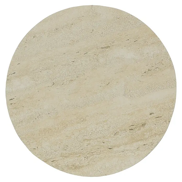 Beistelltisch Alya - Ø x H: 40 x 51 cm, Cremeweiß - Nahaufnahme einer runden Tischplatte aus Travertin mit natürlichen Mustern und Texturen.