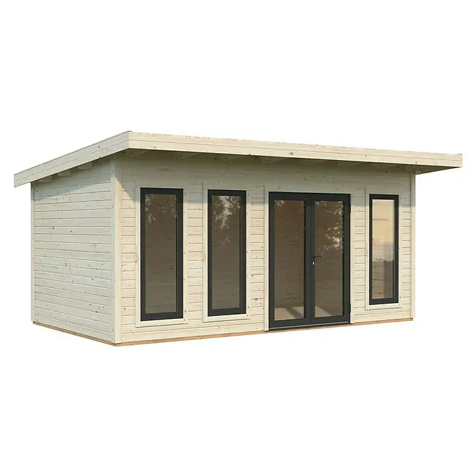 Palmako Gartenhaus Aurelia - Außenmaß inkl. Dachüberstand (B x T): 574 x 404 cm, Holz, Natur unbehandelt - Abbildung eines Gartenhauses mit Flachdach, dunklen Fensterrahmen und Doppeltür. Das Holz ist hell und die Konstruktion wirkt modern.
