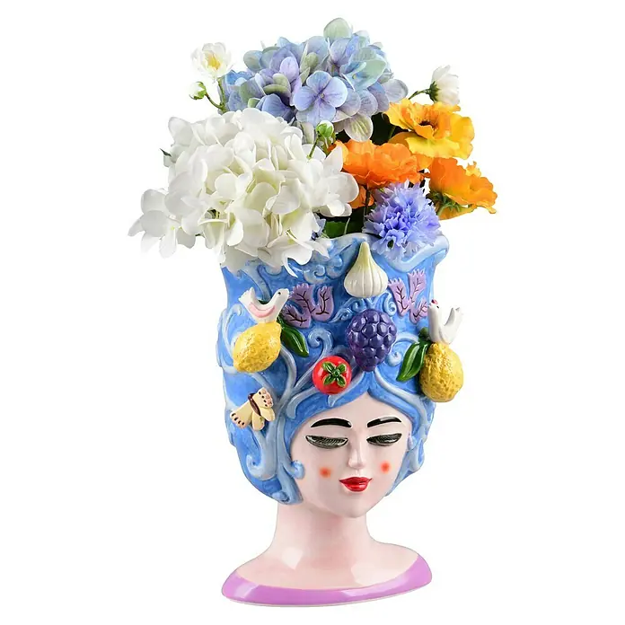 Vase Fiora - 18 x 18,5 x 29,5 cm, Keramik, Blau - Bunte Blumen in einer einzigartigen Frauengesichtsvase. Eine Keramikvase mit Obst und Blumen im Haar.