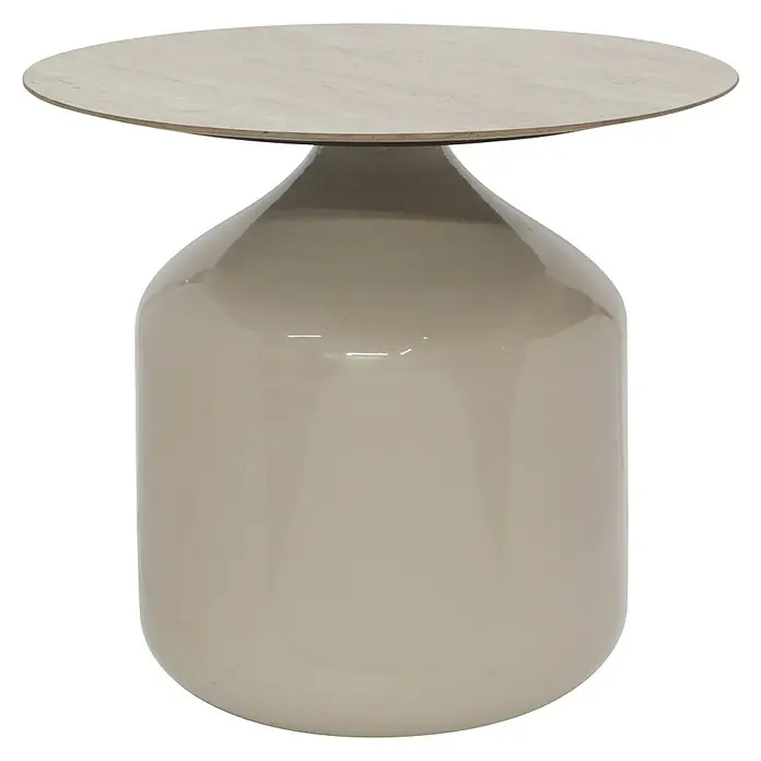 Beistelltisch Alya - Ø x H: 50 x 46 cm, Taupe - Dieser elegante Beistelltisch mit cremefarbenem Sockel und runder Tischplatte in Holzoptik ist ein stilvolles Möbelstück für jeden Raum.