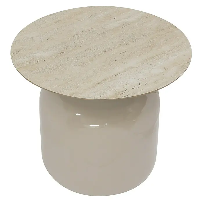 Beistelltisch Alya - Ø x H: 50 x 46 cm, Taupe - Elegantes Beistelltisch mit einer runden Travertinplatte und einem zylindrischen Untergestell in Beige, perfekt für moderne Wohnräume.