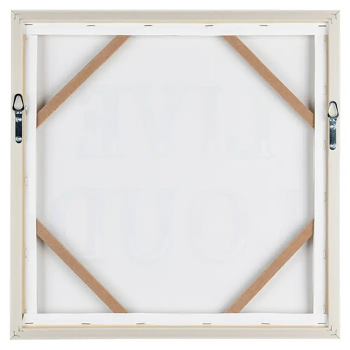 Bild - Live Loud, B x H: 40 x 40 cm - Rückseite einer quadratischen Leinwand mit Holzrahmen und Aufhängern. Die Leinwand ist weiß und teilweise mit Text bedruckt.