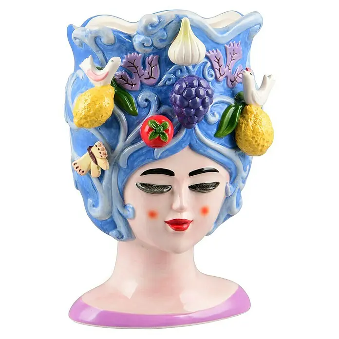 Vase Fiora - 18 x 18,5 x 29,5 cm, Keramik, Blau - Pflanzgefäß "Frau mit Früchten", Keramiktopf für Blumen und Pflanzen mit dekorativem Frauengesicht und Fruchtmotiven im Haar.