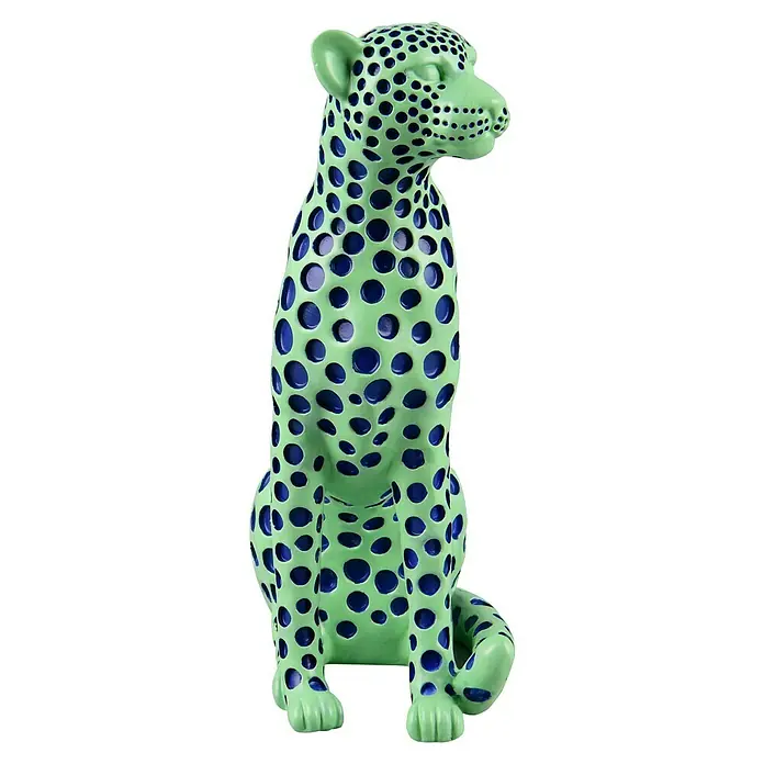 Dekofigur Pantra - L x B x H: 19 x 10,5 x 26 cm, Grün, Kunststoff - Diese auffällige grüne Leopardenfigur mit blauen Punkten ist ein echter Hingucker. Die einzigartige Farbkombination macht sie zu einem modernen Deko-Objekt.