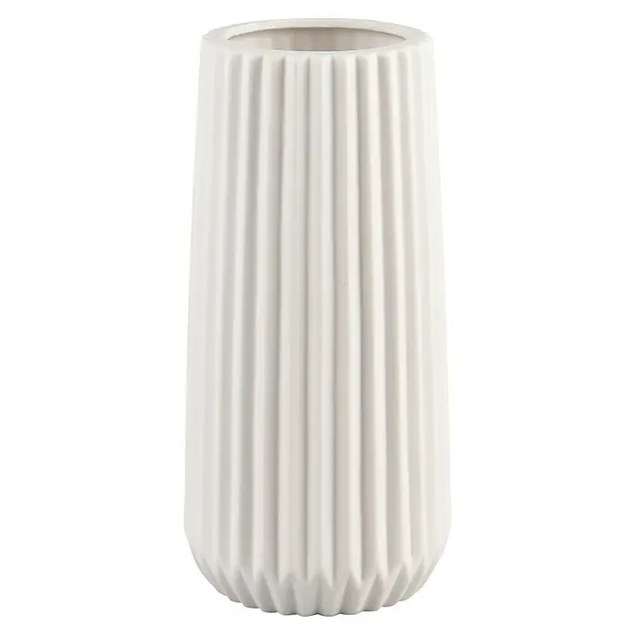 Vase Ruffle - Ø x H: 11 x 23,5 cm, Keramik, Weiß - Elegante weiße Vase mit vertikalen Rillen, ideal für moderne Dekorationen und zur Präsentation von Blumenarrangements.