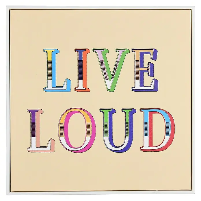 Bild - Live Loud, B x H: 40 x 40 cm - Farbenfrohes Leinwandbild mit dem Schriftzug "LIVE LOUD" in verschiedenen Farben und Mustern, gerahmt in einem schlichten weißen Rahmen.