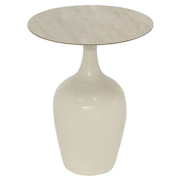 Beistelltisch Alya - Ø x H: 40 x 51 cm, Cremeweiß - Nahaufnahme eines eleganten Beistelltisches mit einer runden Marmorplatte und einem cremefarbenen, vasenförmigen Sockel auf schwarzem Hintergrund.