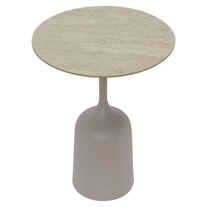 Beistelltisch Altan - Ø x H: 40 x 53 cm, Taupe - Moderner Beistelltisch mit runder Travertinplatte und grauem, bauchigem Fuß. Perfekt als Akzentmöbel in jedem Wohnbereich geeignet.