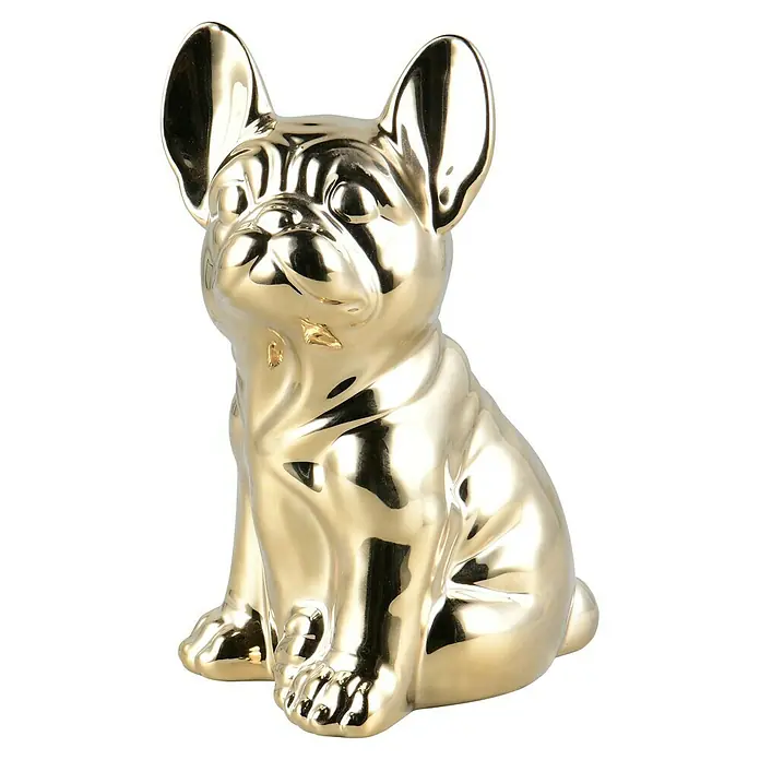 Dekofigur - Dogge Billy, L x B x H: 13 x 12 x 21 cm, Keramik - Goldene französische Bulldoggenfigur mit glänzender Oberfläche als dekoratives Wohnaccessoire.