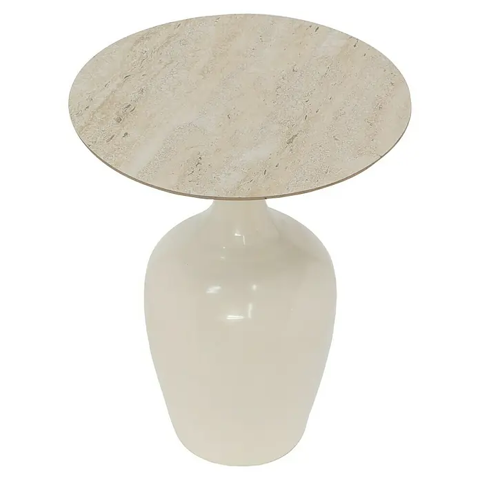 Beistelltisch Alya - Ø x H: 40 x 51 cm, Cremeweiß - Eleganter Beistelltisch mit einer ovalen Marmorplatte und einem glänzenden, vasenförmigen Sockel. Ideal für stilvolle Wohnräume.