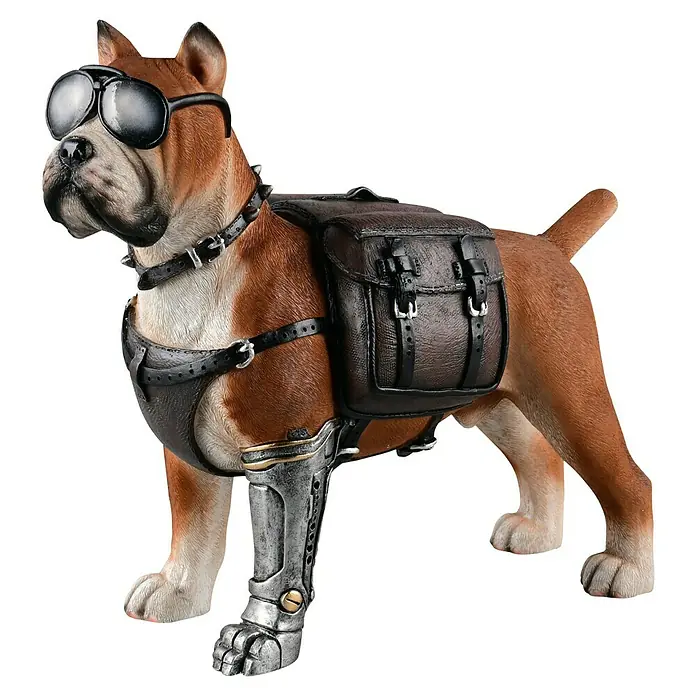 Dekofigur Frankie - L x B x H: 32 x 16,5 x 36 cm, Braun, Kunststoff - Cooler Bulldogge mit Brille, Lederweste & Metallschiene. Perfekt für Biker-Fans. Einzigartige Deko!