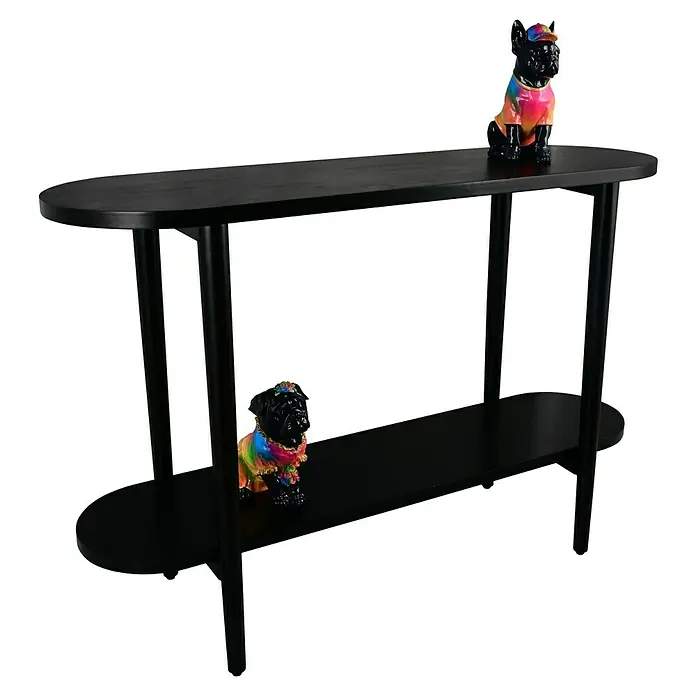 Konsolentisch Acta - Holz, Schwarz, L x B: 110 x 35 cm - Schwarzer Couchtisch mit zwei Ebenen und zwei Bulldoggen-Dekofiguren mit farbenfrohen T-Shirts. Elegantes Design für Ihr Wohnzimmer.