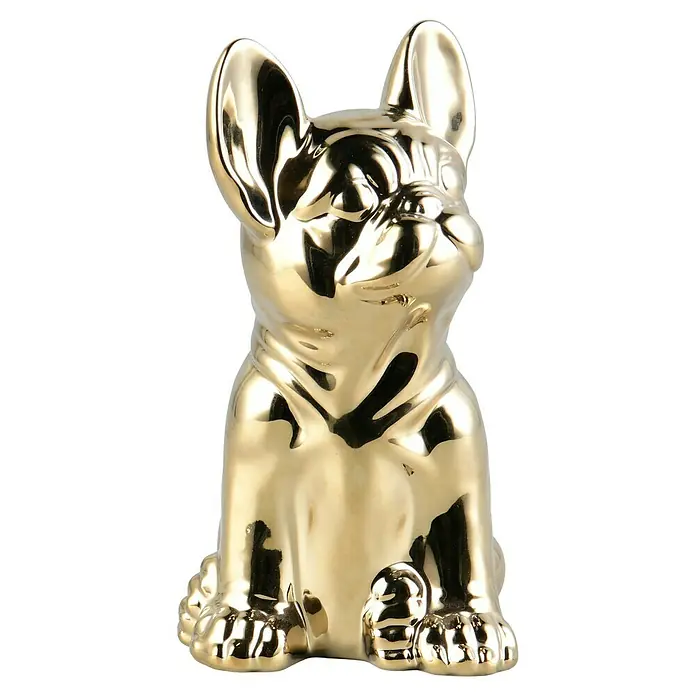 Dekofigur - Dogge Billy, L x B x H: 13 x 12 x 21 cm, Keramik - Nahaufnahme einer goldenen Bulldoggen-Figur. Perfekte Dekoration für jeden Raum, die Luxus und Stil ausstrahlt.