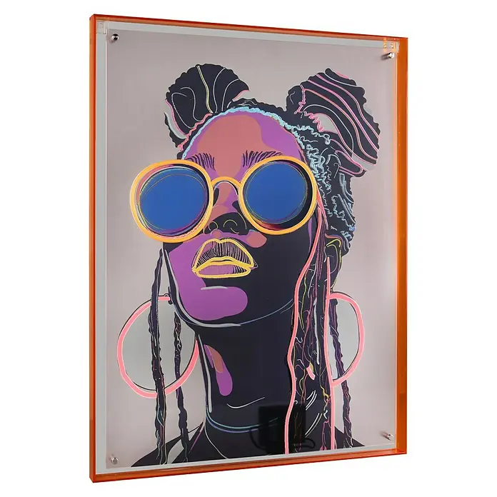 Bild LED - Amira I, B x H: 65 x 85,4 cm - Illustration einer Frau mit Sonnenbrille und Zöpfen, gerahmt in leuchtendem Orange, die einen modernen und künstlerischen Akzent setzt.