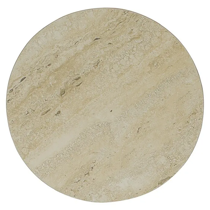 Beistelltisch Altan - Ø x H: 30 x 64 cm, Rot - Nahaufnahme einer runden Tischplatte aus Travertin mit Maserung in Beige- und Brauntönen.