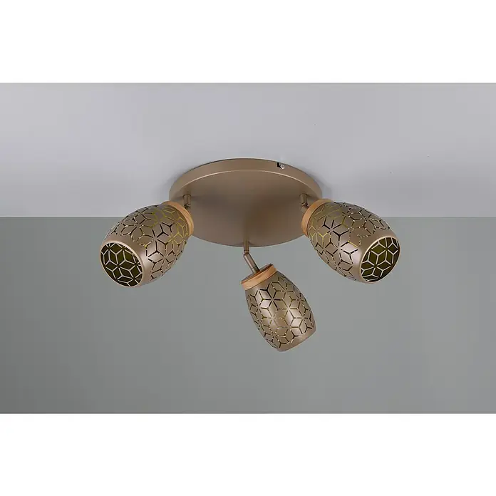 Reality Leuchten Bidar Plafón - Marrón, E14, Diámetro: 58 cm - Primer plano de una moderna lámpara de techo con tres pantallas perforadas en tono dorado.