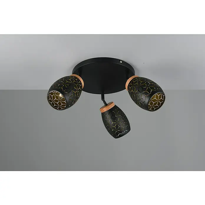 Reality Leuchten Bidar Plafón - Negro, E14, Diámetro: 58 cm - Lámpara de techo moderna con tres pantallas negras estampadas y detalles de madera para una iluminación elegante en la habitación.