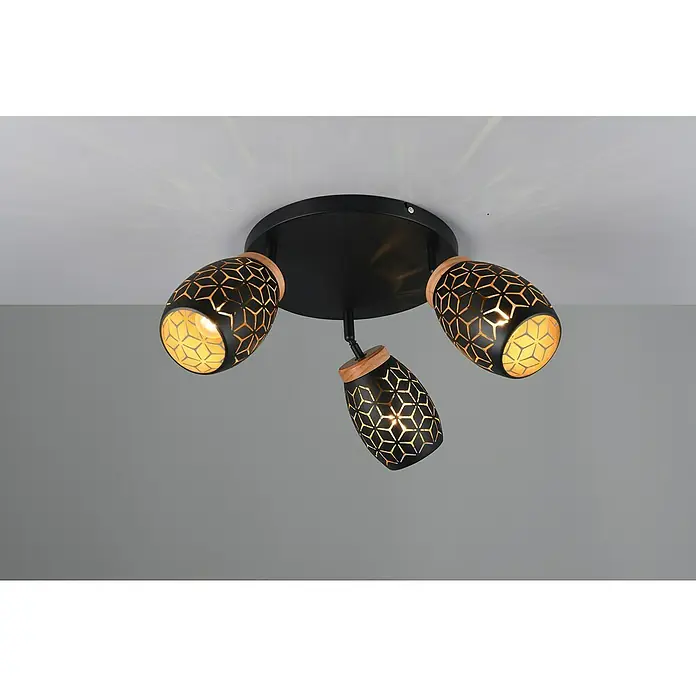 Reality Leuchten Bidar Plafón - Negro, E14, Diámetro: 58 cm - Primer plano de una lámpara de techo negra con tres focos y un patrón geométrico para una iluminación elegante.