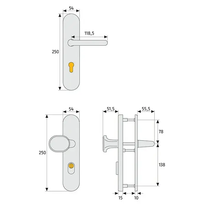 Abus Schutzbeschlag HLZS814 - Hauseingangstür, Edelstahl, Drücker beidseitig, Form Schild: Abgerundet, Stärke Tür: 52 mm - 72 mm - Abbildung einer Türgarnitur mit Maßangaben. Die Zeichnung zeigt Front- und Seitenansichten zur Produktbeschreibung.