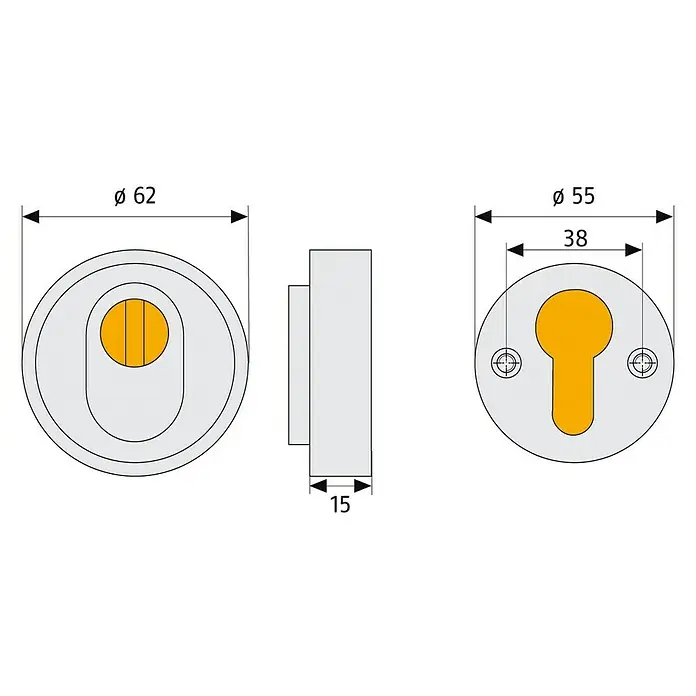 Abus Sicherheitsrosette RHZS 415 - Holztür, Aluminium, Stärke Schild/ Rosette: 15 mm - Technische Zeichnung einer runden Türrosette mit Schlüsseloch und den Maßen 62mm, 55mm, 38mm und 15mm.