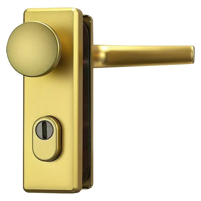 Abus Schutz-Wechselgarnitur KKZS700 - Stärke Tür: 37 mm - 47 mm, Metall, Messing, Knopf außen, Drücker innen - Nahaufnahme eines goldenen Türgriffs mit rundem Knauf und Schlüsselloch. Der Griff ist modern und elegant gestaltet.