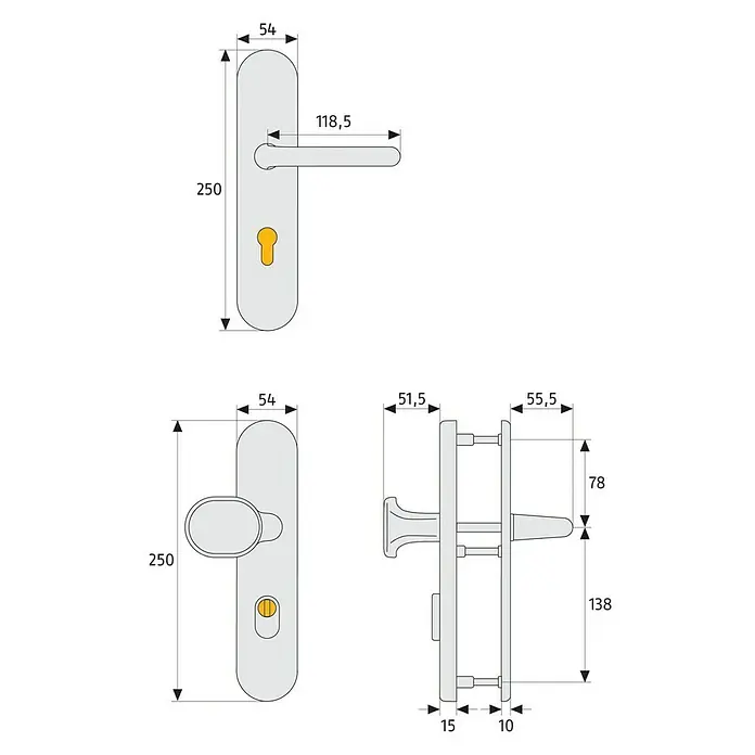 Abus Schutzbeschlag HLZS814 - Hauseingangstür, Weiß, Drücker beidseitig, Form Schild: Abgerundet, Stärke Tür: 52 mm - 72 mm - Technische Zeichnung eines Türgriffs mit allen Maßen für die Installation.