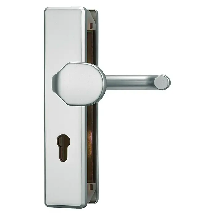Abus Schutzbeschlag KLT512 - Wohnungsabschlusstür, Aluminium, Knopf außen, Drücker innen, Stärke Tür: 37 mm - 47 mm - Nahaufnahme eines Türgriffs aus gebürstetem Edelstahl mit Schlüsselloch, der durch sein modernes Design und seine hochwertige Verarbeitung besticht.