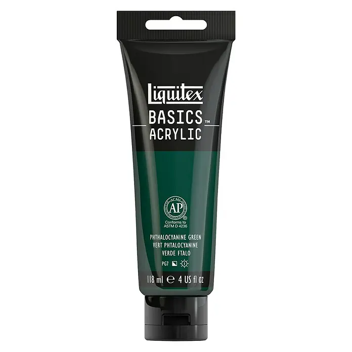 Liquitex Basics Acrylfarbe - Phythalozyaningrün, 118 ml - Ein Tube Liquitex Basics Acrylfarbe in Phthalocyaningrün, ideal für Künstler und Studenten.