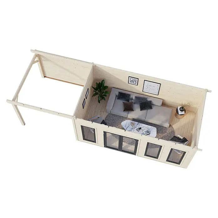 Palmako Gartenhaus Aurelia - Außenmaß inkl. Dachüberstand (B x T): 855 x 404 cm, Holz, Grau, Inklusive überdachtem Freisitz und Abstellraum mit separatem Zugang - Ansicht eines Holzgartenhauses mit Wohnbereich und großer Fensterfront. Das Blockhaus bietet eine gemütliche Atmosphäre und viel Tageslicht.