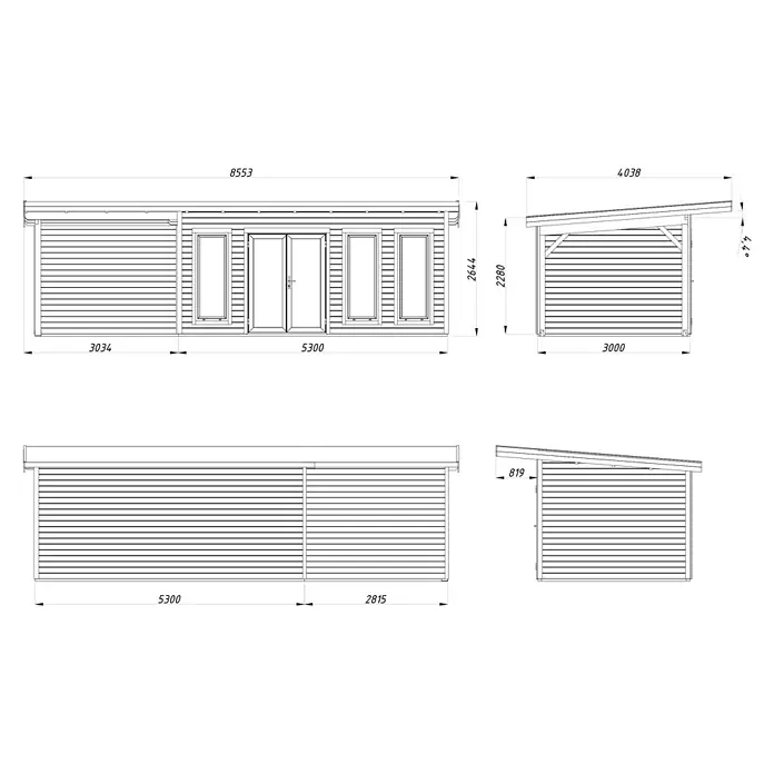 Palmako Gartenhaus Aurelia - Außenmaß inkl. Dachüberstand (B x T): 855 x 404 cm, Holz, Natur unbehandelt, Inklusive überdachtem Freisitz und Abstellraum mit separatem Zugang - Grundriss eines Gartenhauses mit Maßen, das Design und Abmessungen hervorhebt.
