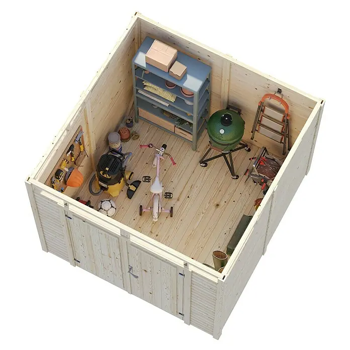 Palmako Gerätehaus Elias - Außenbreite inkl. Dachüberstand: 228 cm, Außentiefe inkl. Dachüberstand: 247 cm, Holz, Hellbraun - Geräumiges Gartenhaus mit Werkzeugen, Grill und Spielzeug, bietet viel Stauraum und Ordnung für den Garten.