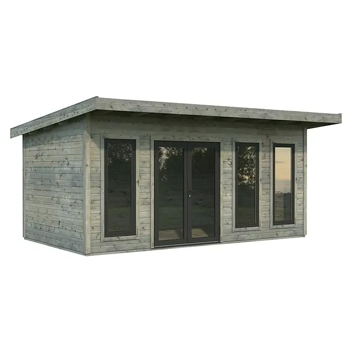Palmako Gartenhaus Aurelia - Außenmaß inkl. Dachüberstand (B x T): 574 x 404 cm, Holz, Grau - Ein modernes Gartenhaus mit Flachdach, grauem Holz und großen Fenstern, das viel Tageslicht hereinlässt und eine einladende Atmosphäre schafft.