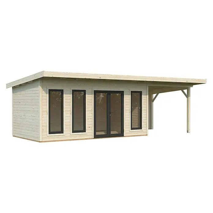 Palmako Gartenhaus Aurelia - Außenmaß inkl. Dachüberstand (B x T): 855 x 404 cm, Holz, Natur unbehandelt, Inklusive überdachtem Freisitz und Abstellraum mit separatem Zugang - Abbildung eines Gartenhauses mit Flachdach, das sich ideal als zusätzlicher Wohnraum im Freien oder als Büro eignet.