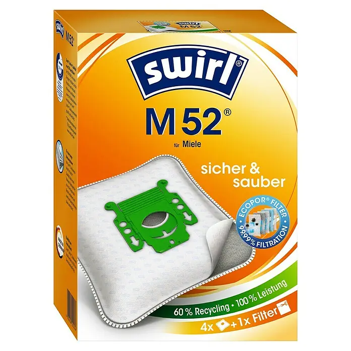 Swirl Staubsaugerbeutel M 52 EcoPor - 4 Stk., Passend für: Miele Staubsauger - Staubsaugerbeutel Swirl M52 für Miele Staubsauger, 4 Stück mit einem zusätzlichen Filter, hohe Filterleistung und Recyclinganteil.