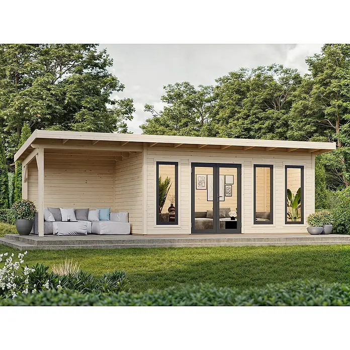 Palmako Gartenhaus Aurelia - Außenmaß inkl. Dachüberstand (B x T): 855 x 404 cm, Holz, Grau, Inklusive überdachtem Freisitz und Abstellraum mit separatem Zugang - Holzgartenhaus mit Flachdach, Terrasse und großen Fenstern bietet einen hellen und modernen Rückzugsort im Grünen.