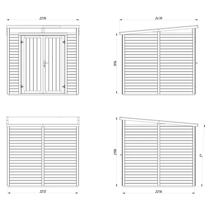 Palmako Gerätehaus Elias - Außenbreite inkl. Dachüberstand: 228 cm, Außentiefe inkl. Dachüberstand: 247 cm, Holz, Hellbraun - Draufsicht eines Gartenhauses mit Doppeltür, geneigtem Dach und Seitenansichten mit Maßangaben.
