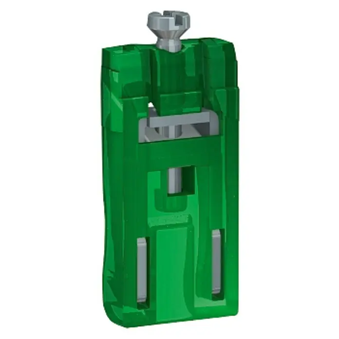 Schneider Electric New Unica Garras para mecanismo - Verde, Clavar, Plástico - Primer plano de un conector Wago verde con cierre de tornillo. Ideal para instalaciones eléctricas.