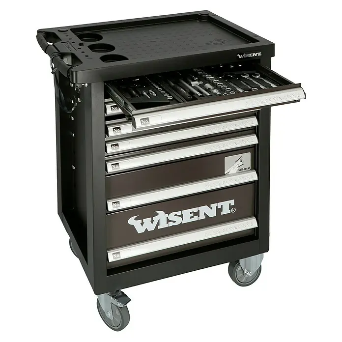 Wisent Werkstattwagen WW 5000 - L x B x H: 77,5 x 47 x 97,5 cm, Anzahl Schubladen: 7 Stk., 70 -tlg. - Abgebildeter Werkzeugwagen von WISENT mit Schubladen und Werkzeugen, ideal für Werkstätten und Heimwerker.