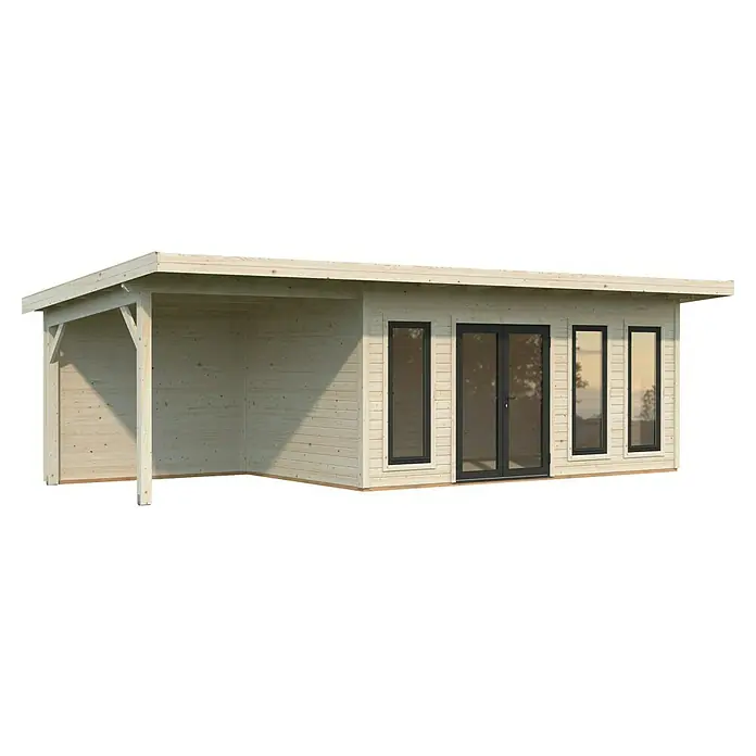 Palmako Gartenhaus Aurelia - Außenmaß inkl. Dachüberstand (B x T): 855 x 404 cm, Holz, Grau, Inklusive überdachtem Freisitz und Abstellraum mit separatem Zugang - Einladendes Gartenhaus mit überdachtem Eingangsbereich, ideal für Entspannung und Freizeit im Freien. Die Fenster sorgen für viel natürliches Licht.